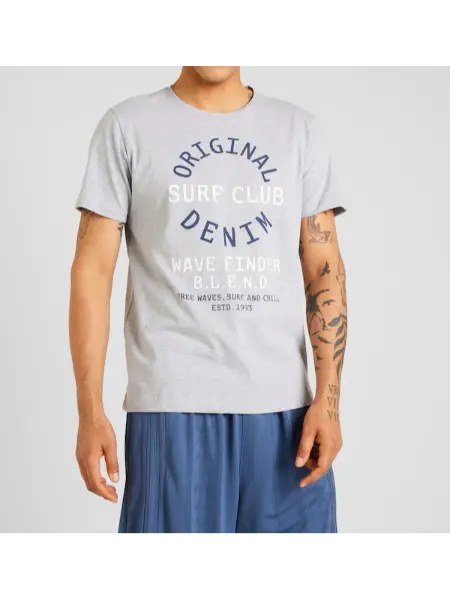 szürke denim surf club férfi póló, pamut férfi póló, surf club póló, nyomott mintás felső, férfi póló nyárra, szürke férfi felső